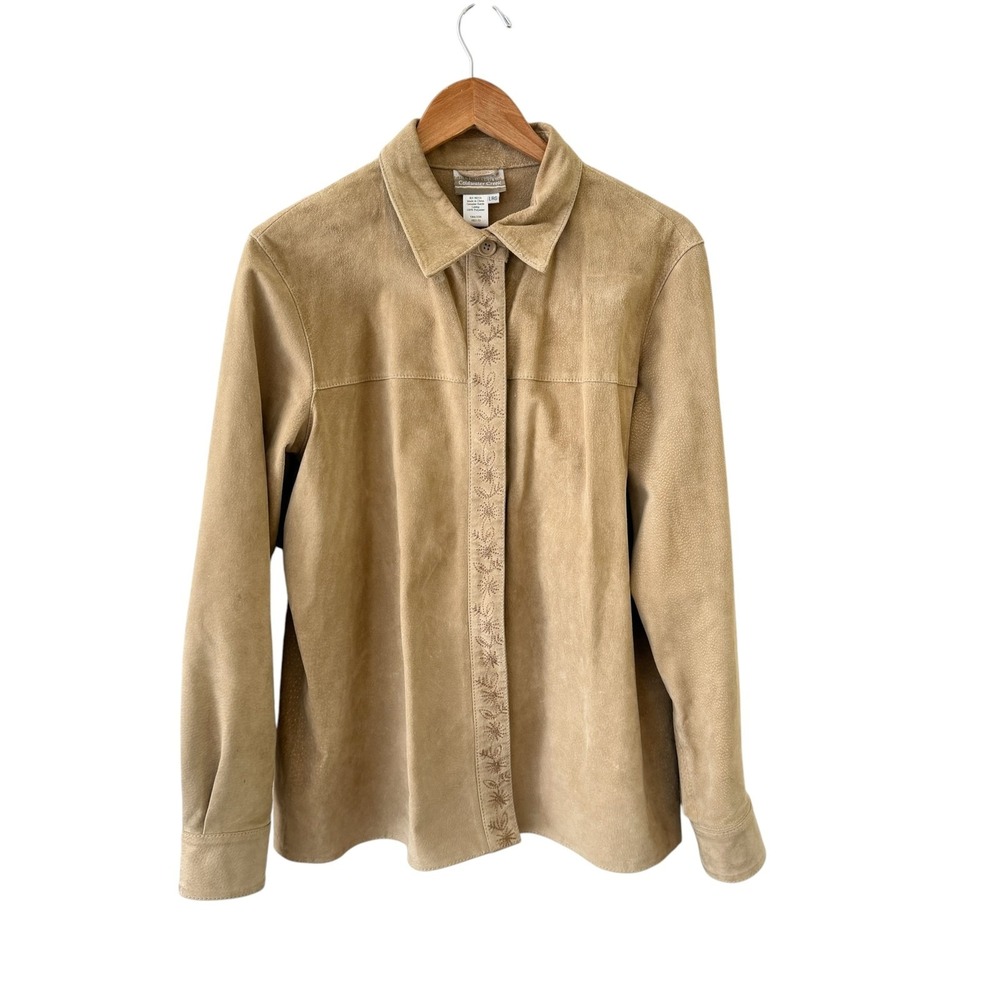 Coldwater Creek Suede Embroidered Jacket Womens L Beige Floral Button Boho
